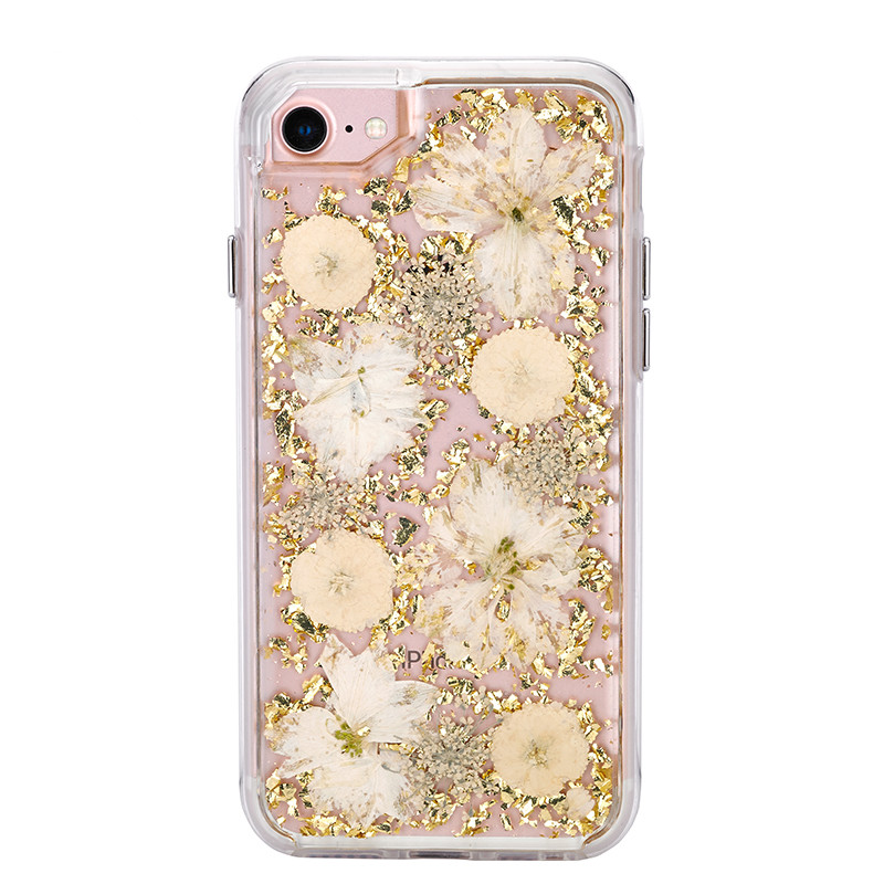 iPhone 8 / 7 / 6S / 6 Luxury Glitter Dried Natural FLOWER Petal Clear Hybrid Case (Gold Yellow)